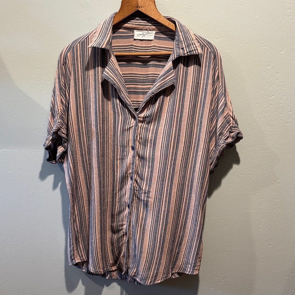 Carly Jean Los Angeles Striped Short-Sleeve Button-Up Pink Blue Beachy Shirt Top